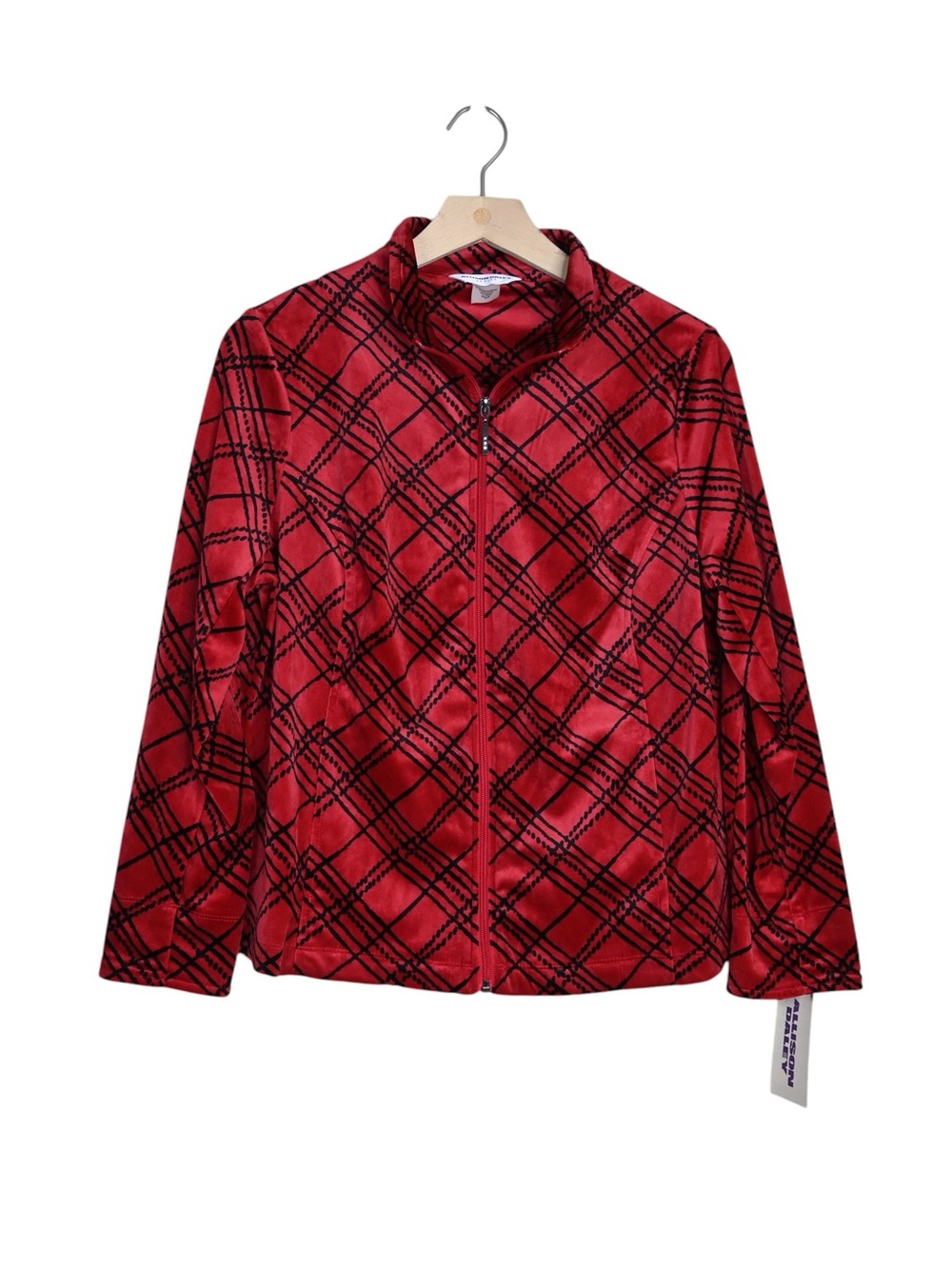 Allison Daley Petite Women's PS Red Diagonal Line Pattern Zip-Front Lightweight